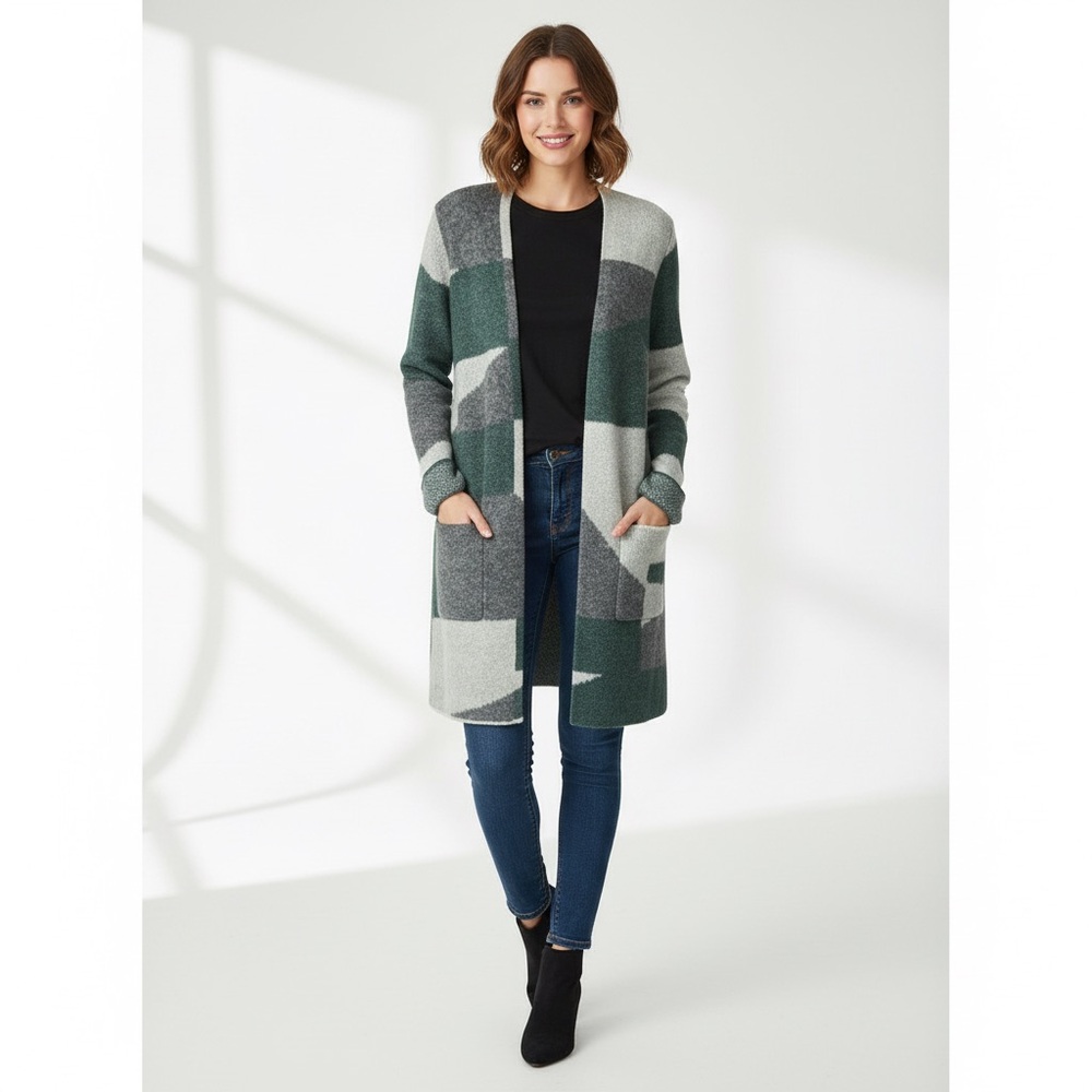 ✨ Nine West Cozy Patchwork Cardigan – Teal/Gray/White (NWT) ✨